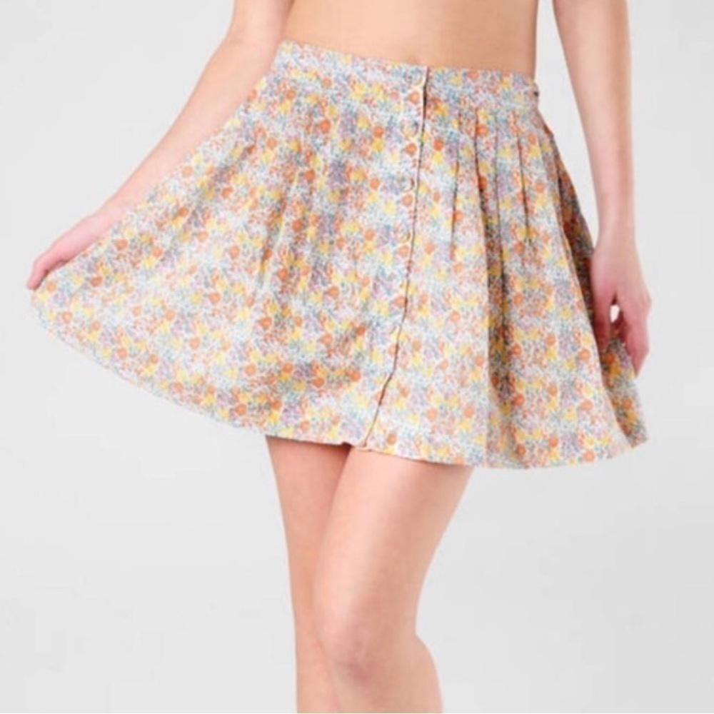 Free People Ditsy Floral Fabric Covered Button Down Skirt Pockets Pleated Lined